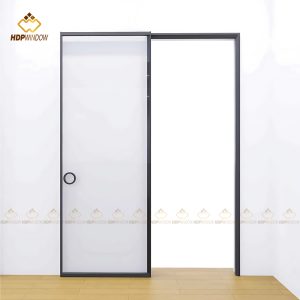 Ảnh render 3D của cửa lùa slim 1 cánh màu đen nhám, thể hiện thiết kế tối giản.