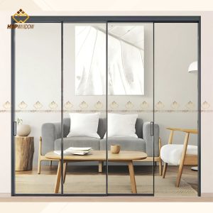 Ứng dụng cửa lùa slim 4 cánh vận hành kiểu 3 lùa 1 cố định cho phòng khách.