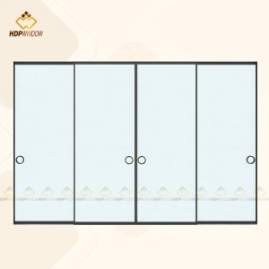 Phối cảnh 3D của hệ cửa lùa slim 4 cánh, tạo thành một vách kính di động lớn, sang trọng.