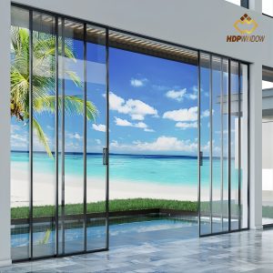 Phối cảnh hệ cửa lùa slim 6 cánh lắp đặt cho resort view biển, mang lại tầm nhìn panorama triệu đô.