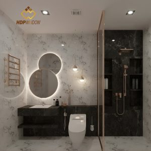 Một mẫu phòng tắm kính thẳng 180 độ đẹp, tối giản.