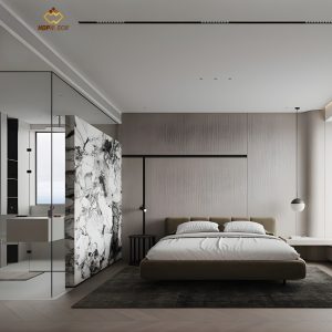 Mẫu vách kính nhà tắm thẳng, ngăn cách khu vực tắm và ngủ một cách tinh tế.