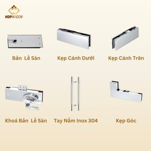 Bộ phụ kiện inox 304 đầy đủ cho cửa kính cường lực, bao gồm bản lề sàn, kẹp kính, tay nắm.