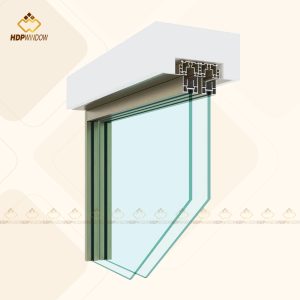 Chi tiết mặt cắt profile và ray treo của hệ cửa lùa slim 2 cánh.