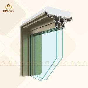 Chi tiết mặt cắt kỹ thuật của hệ ray 4 và profile nhôm cho cửa lùa slim 4 cánh.