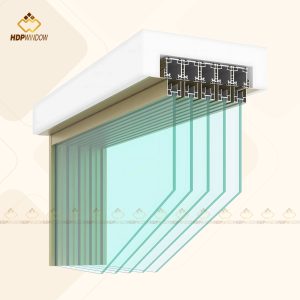 Chi tiết mặt cắt kỹ thuật của hệ ray 5 và profile nhôm của cửa lùa slim 5 cánh.