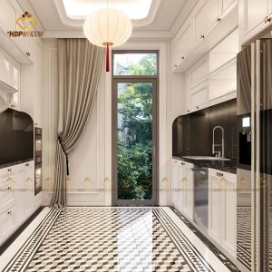 Mẫu cửa nhôm Xingfa 1 cánh Class A làm lối đi phụ từ bếp ra sân vườn.