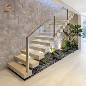 Minh họa mẫu cầu thang kính sử dụng tay vịn inox hình hộp (vuông/chữ nhật).